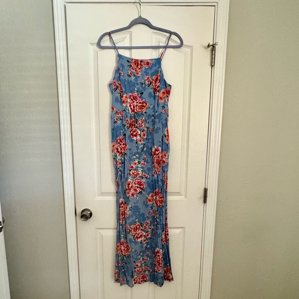 Blue Floral Slip Dress with Red Rose Print